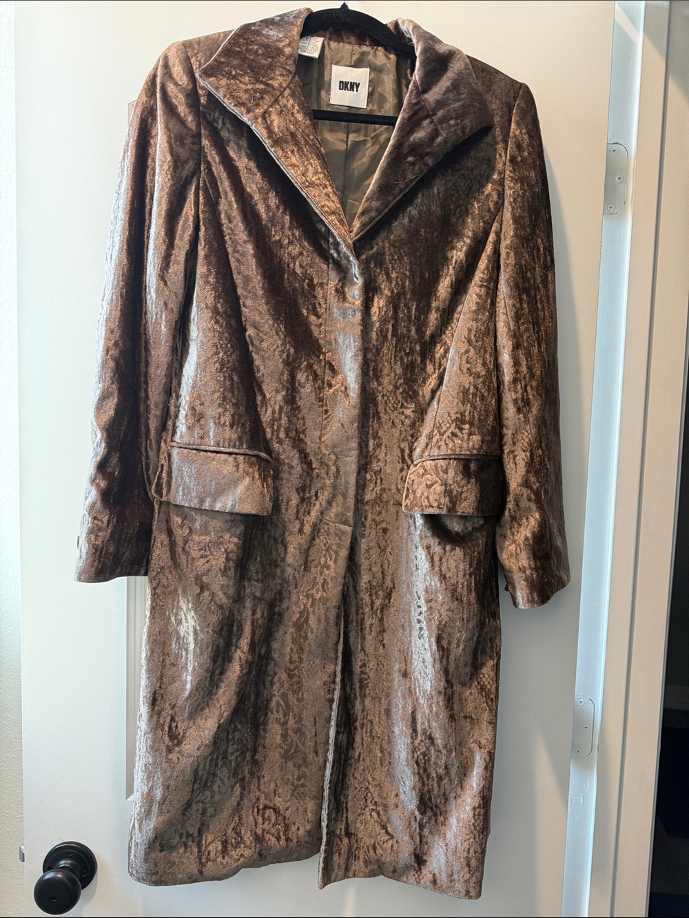 DKNY Shiny Brown Velvet-Look Long Coat